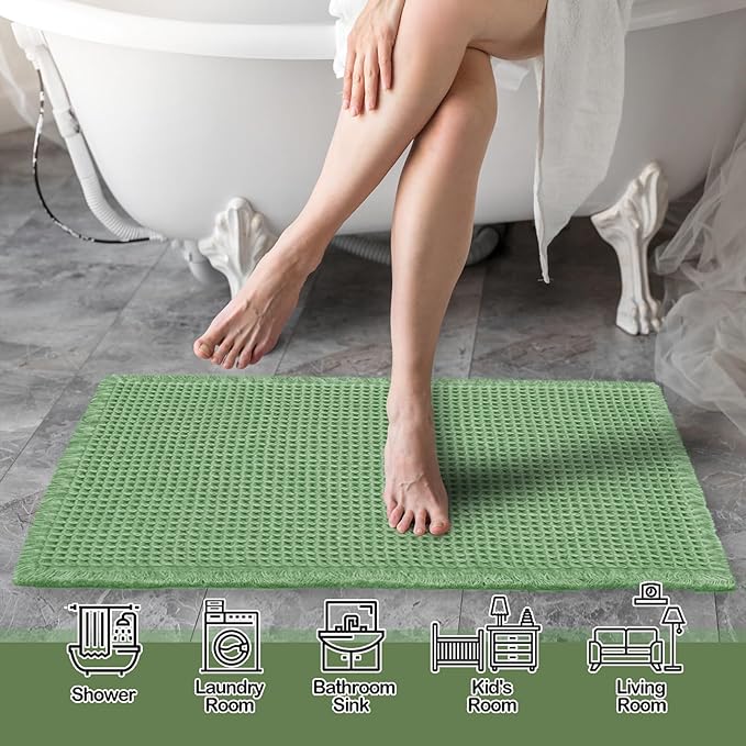 ZALL Sage Green Waffle Bath Mat,Super Absorbent Non Slip Bathroom Rug, 24x36inch, Machine Washable Ultra Soft Floor Mats