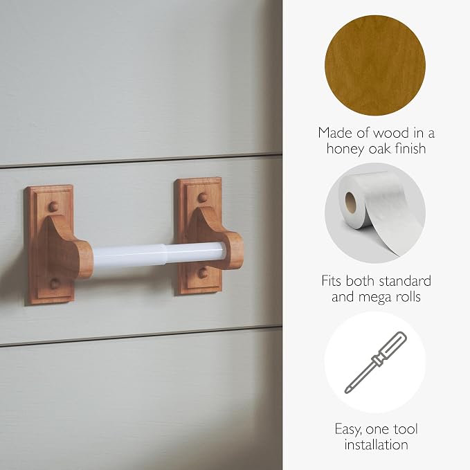 Design House Dalton Toilet Paper Holder, Fits Mega Rolls, Standard Wall Mount, Easy Installation, Wood, Honey Oak, 6.14 in W x 3.62 in H x 5 in L, Item 561209
