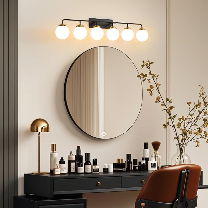 Black Gold Bathroom Light Fixtures Over Mirror, Modern Vanity Lighting with Milk White Glass Globe Shades 6-Light Farmhouse Wall Sconce