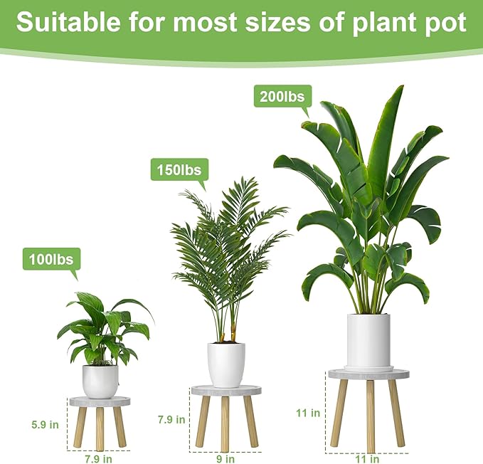 3-Pack Wood Plant Stands Indoor, Single Plant Stand for 6-12 Inch Pots, Mid-Century Modern Plant Stool, Tall Plant Stand for Large Plants for Living Room, Balcony, Office (White)