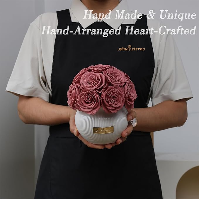 Preserved Roses,Weeding Flowers,Table Centerpiece Flowers,14Pcs Long Lasting Real Rose in Ceramic Vase,Table Flowers for Party,Wedding Decor,Birthday,Anniversary,Wedding Gifts for Her (Burnt Brown)