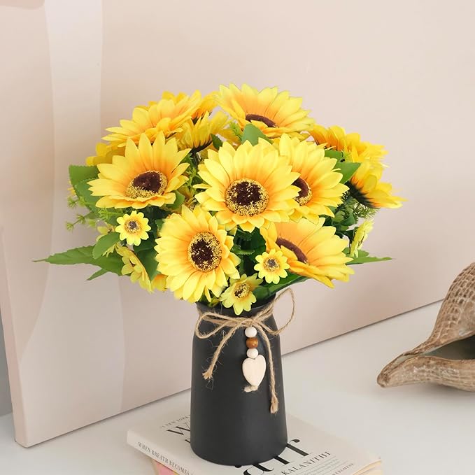 Artificial Sunflower Arrangement in Black Vase - 3 Bunches of Lifelike Sunflowers with Rustic Black Vase for Home Décor, Office, and Special Occasions