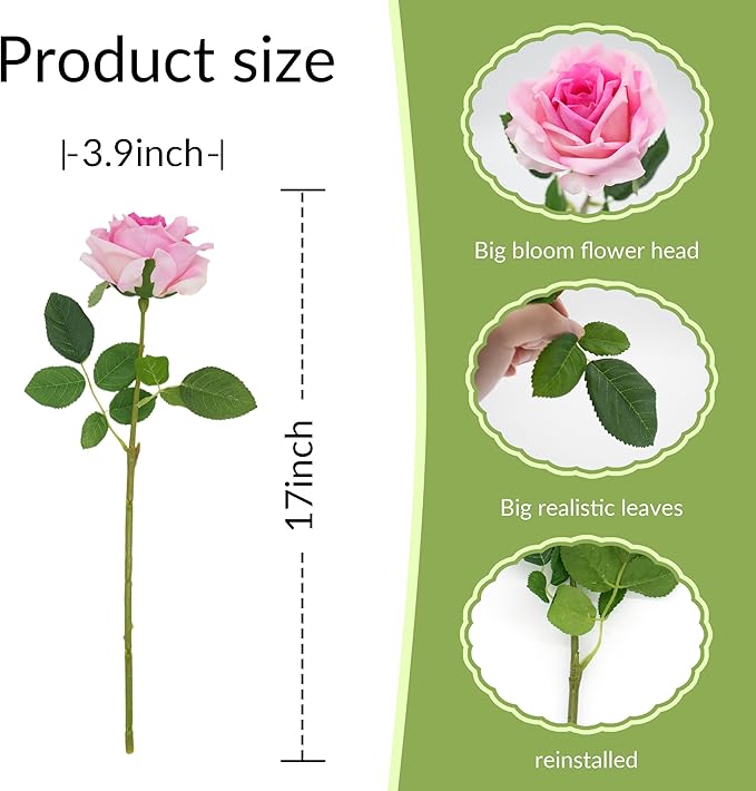 6 Pcs Silk Real Touch Latex Roses, Artificial Single Stem Big Bloom Faux Roses for Home Party Office Wedding Indoor Decor, Floral Arrangements, Table Centerpieces