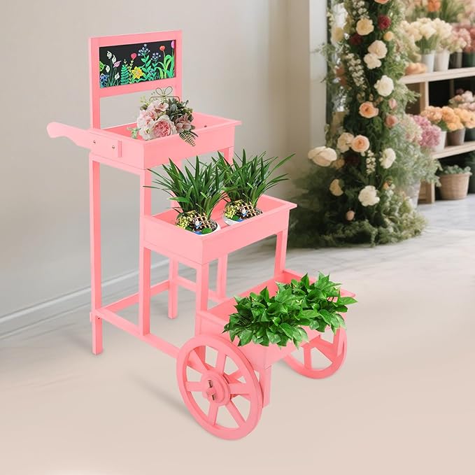 Flower Display Stand | 3-Tier Wood Flower Cart | Flower Cart Display Stand with Wheels | Ladder Shaped Plant stand | Market flower display Stand | Handle & Blackboard (Pink)