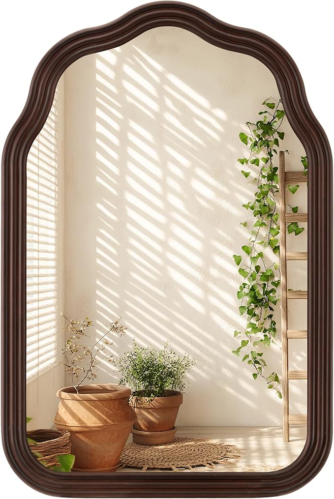 Tanmicoshomy Wood Arch Bathroom Mirror 24x36 Inch, Rustic Wavy Natural Wooden Framed Mirrors with Shatterproof Glass for Living Room, Bedroom or Entryway (Dark Brown)