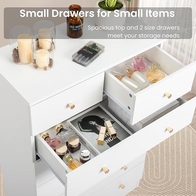 Karl home White 7 Drawer Dresser for Bedroom, Tall Dresser Chest of Drawers, Wood Bedroom Dressers Clothes Organizer, Anti-Tipping Device, Rose Gold Metal Handle, Living Room, Entryway, Office