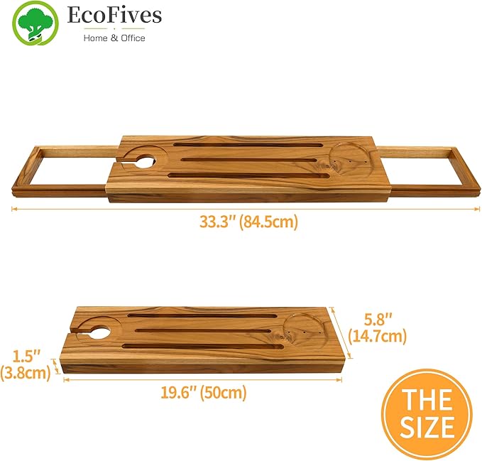 EcoFives Teak Bathtub Tray Caddy - Expandable Bath Tray - Adjustable Organizer Tray for Bathroom - Luxury Bath Caddy Tub Table, Bathtub Accessories & Bathroom Gadgets