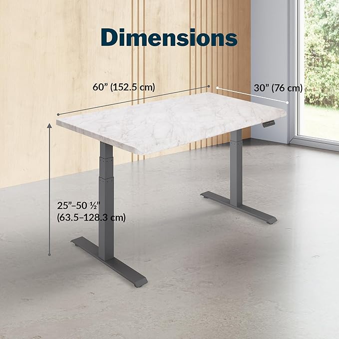 Vari ComfortEdge 60x30 Inch Adjustable Electric Standing Desk – Limited Edition Sit Stand VariDesk with Memory Presets & Sloped Front Edge + Tool-Free Assembly (Marble/Slate Legs)