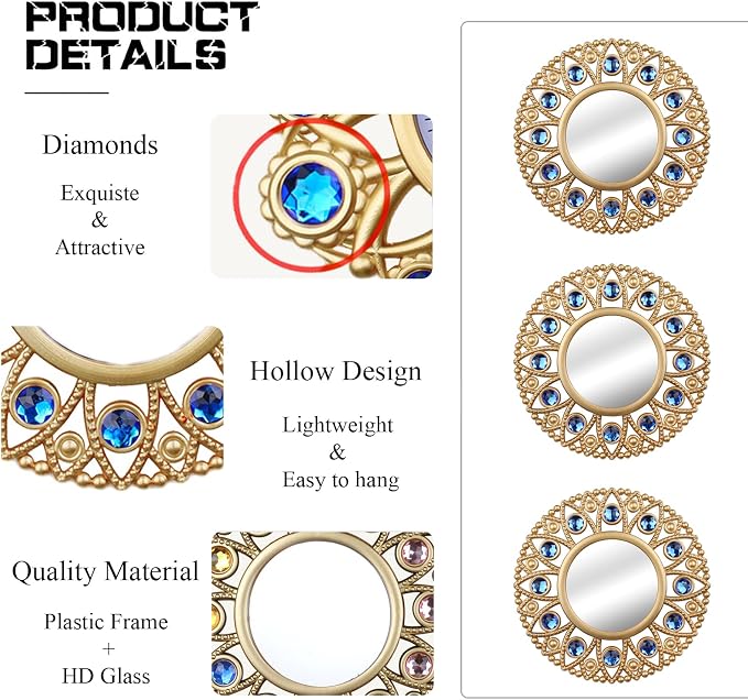 DXYAKY Gold Round Decorative Wall Mirrors Set of 3, Lightweight Plastic Framed Mirrors with Blue Crystal Accents, 9.8 Inch Vintage Boho Wall Decor for Livingroom, Bedroom, Entryway