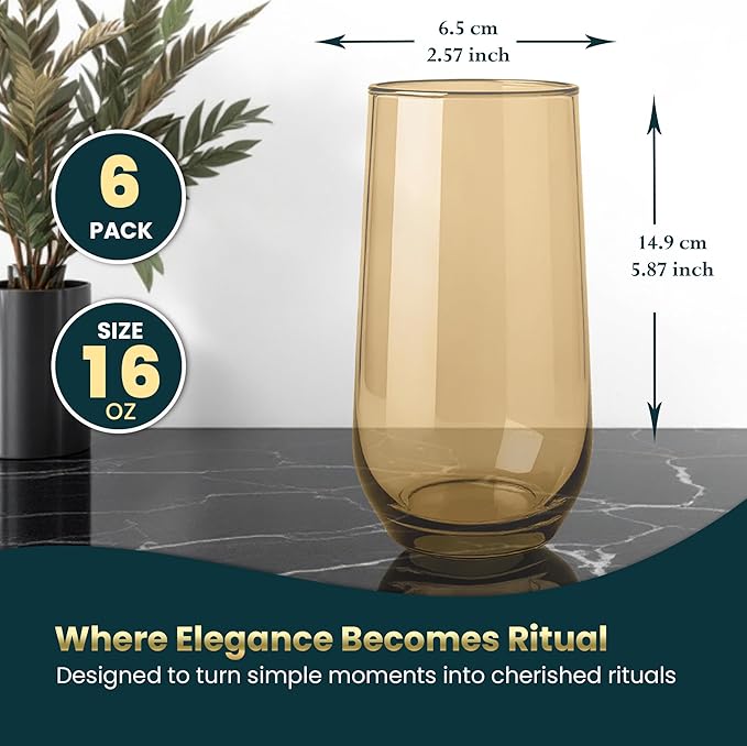 Amber Drinking Glasses Set of 6 | Translucent Yellow Glassware | 16 oz Amber Glass Cups | Highball Drinkware for Cocktails, Long Drink, Mojito, Juice, Soda | Modern Sun-Tinted Drinkware