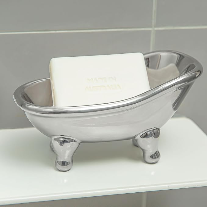 5.6" Ceramic Mini Bathtub Soap Dish Decortative Clawfoot Bathroom Soap Dish (Silver)