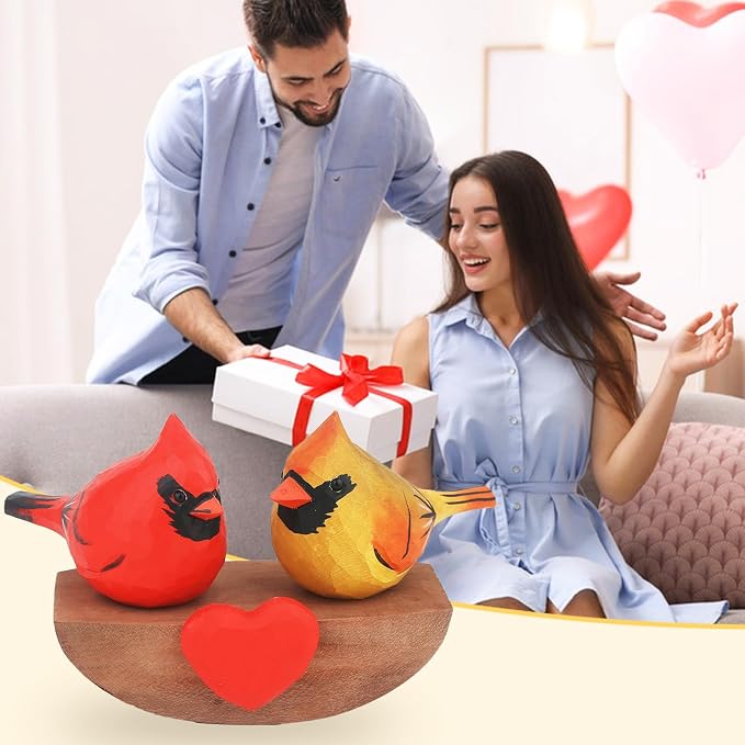 Handmade Wooden Cardinal Figurines on Heart Base - Set of 3 Hand-Carved Male & Female Red Bird Statues - Romantic Couples Gift for Anniversary, Valentine's Day, Wedding & Home Decor Accents