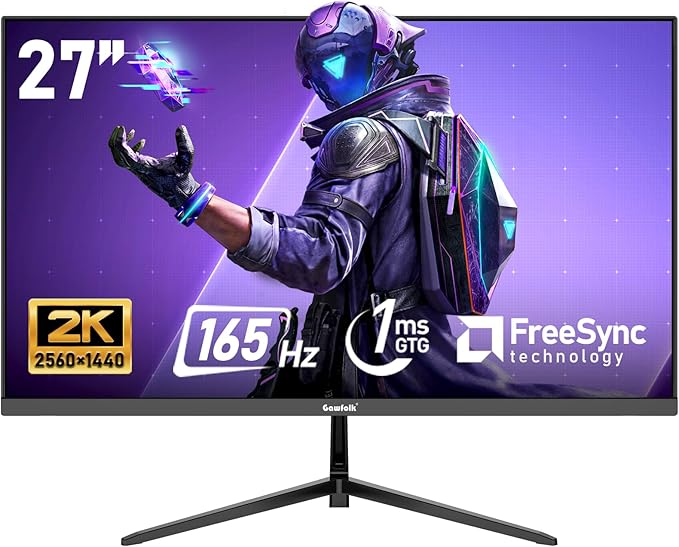 Gawfolk 27 inch 2K QHD(2560×1440) PC Screen, 165Hz Gaming Monitor, 1ms Without Bezel, FreeSync,98% sRGB, 178° Wide Viewing Angle,Display 1.4、Port HDMI2.0, Wall Mount Compatible 75 * 75MM- Black