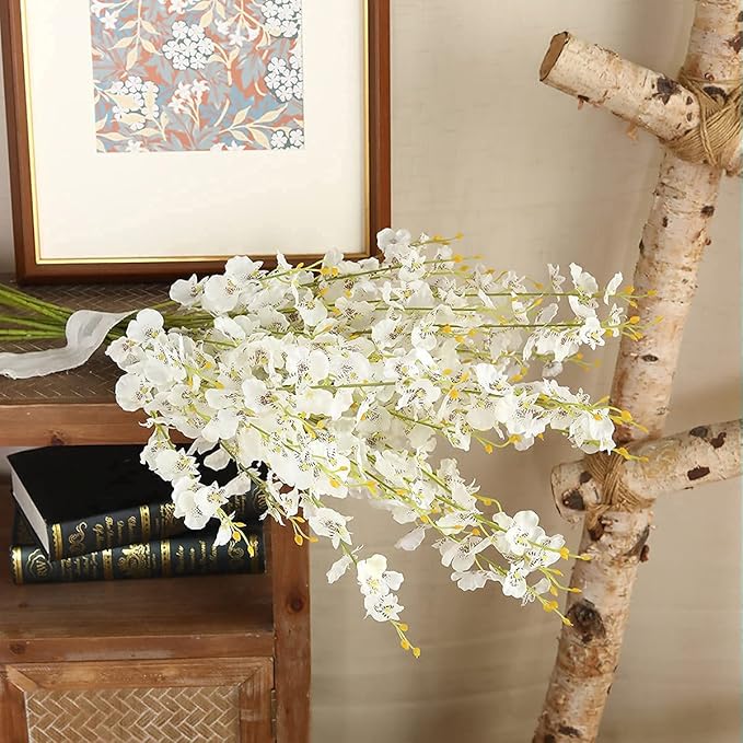 Kisflower 12Pcs White Artificial Orchids Flowers, Fake Dancing Orchids Bouquet Silk White Faux Bouquet for DIY Indoor Outdoor Wedding Party Home Kitchen Office Decoration