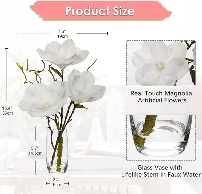 DILATATA Faux Flowers in Vase 15.4" Magnolias Flowers Arrangement with Faux Water Real Touch Flowers for Wedding Table Centerpiece Home Decor, White