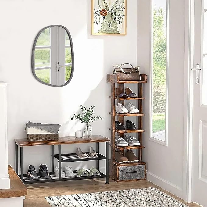 Asymmetrical Mirror for Wall Decor Small Modern Wooden Framed Wall Mirror Unique Shape Wall Mounted Vanity Artistic Oval Mirror Decorative for Bedroom Bathroom Living Room Entryway