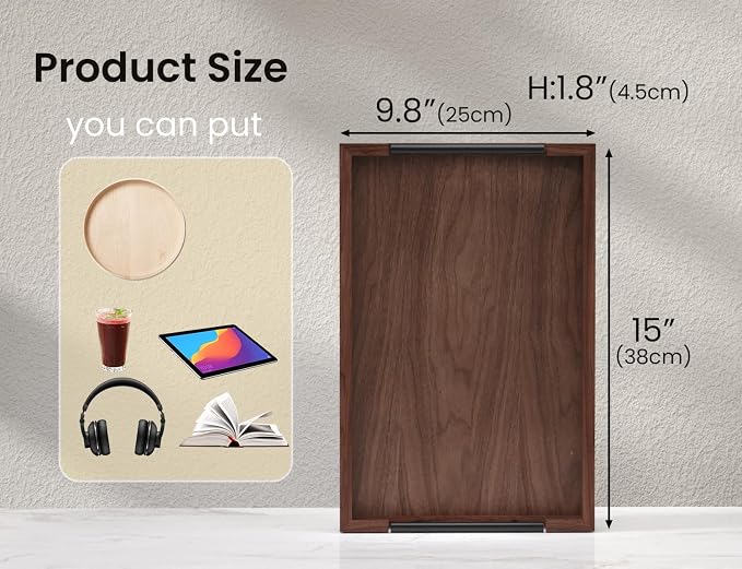 Fibogollo Walnut Wood Serving Tray with Metal Handles,15x10in Ottoman Decorative Trays Platter for Coffee Table,Living Room,Bar(Medium)