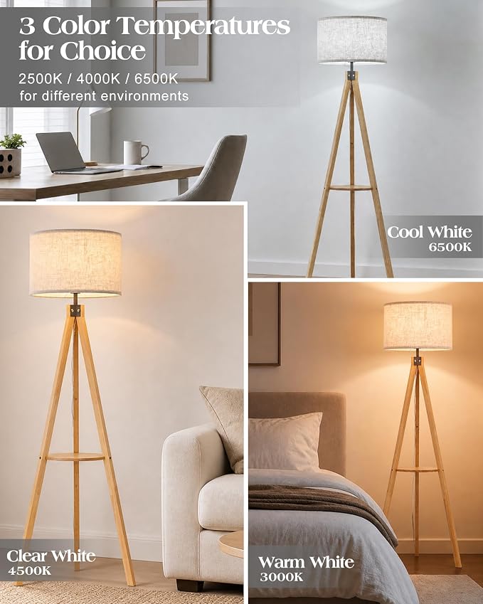 ELYONA Wood Floor Lamp for Living Room, Japandi Tripod Standing Lamp with Linen Shade & Wood Tray Table, Shelf Floor Lamp for Bedroom, Office, Dining Room, LED 3 Color Temperatures 9W Bulb Included