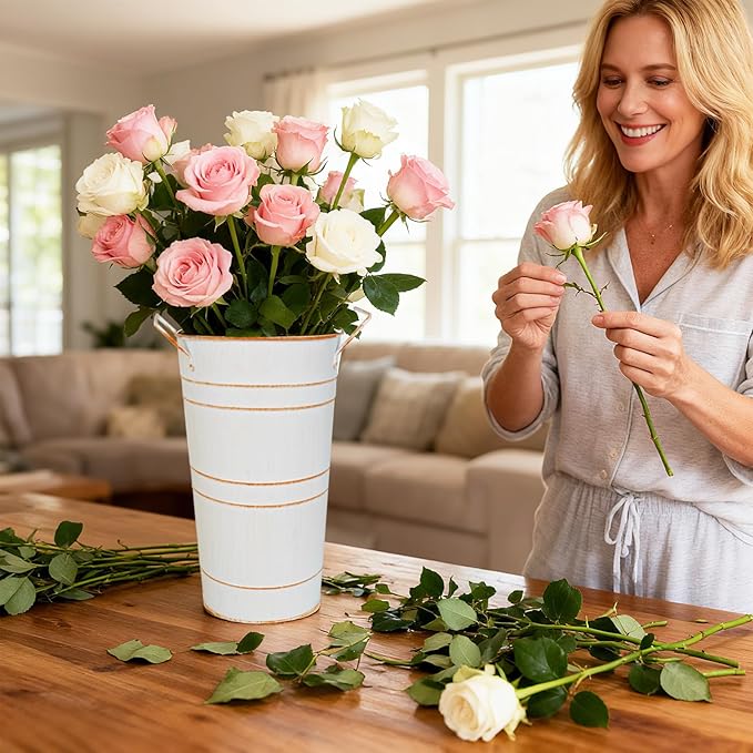 10" Tall Flower Buckets Metal Vase - Pack of 5 Rustic Farmhouse Centerpiece Vases for Table with Handles, Wedding Home Table Decor, Farmhouse White Flower Bar Bucket Holder