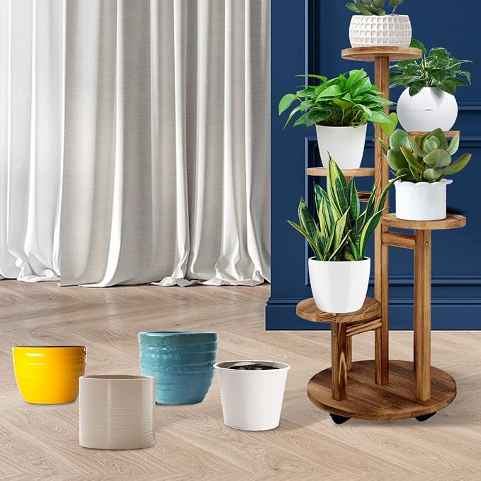 GEEBOBO 5 Tiered Tall Plant Stand for Indoor, Wood Plant Shelf Corner Display Rack, Multi-tier Planter Pot Holder Flower Stand for Living Room Balcony Garden Patio (Brown)