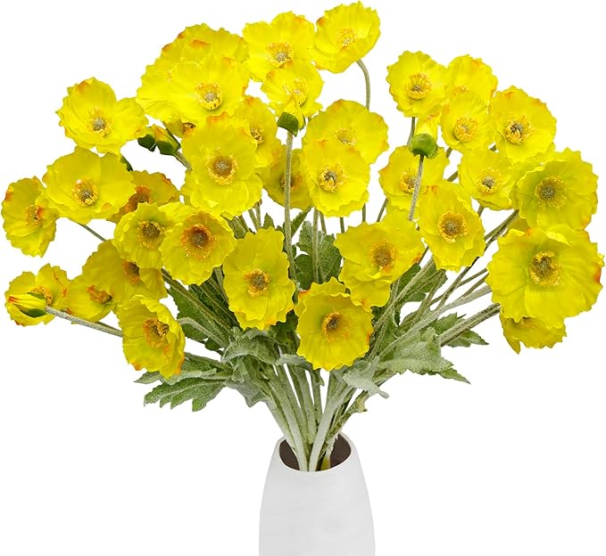 12PCS Poppy Flowers Artificial 13" Real Touch Stems Faux Poppies Silk Flowers for Home Decor Indoor (Yellow)