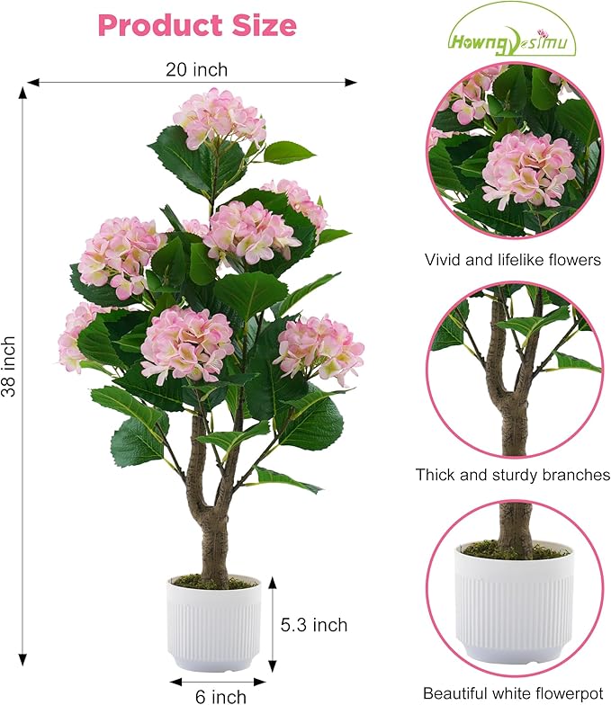 Artificial Hydrangea Tree 2 Pack, 3FT Faux Hydrangea Plant in Pot with Pink Flowers, Greenery Potted Plant for Indoor Outdoor Office Home Porch Decor, Pink