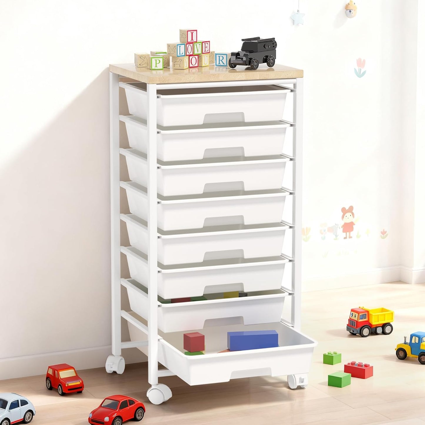 Skiennix Rolling Cart - 8 Drawer Storage Solution with Wooden Tabletop & Lockable Wheels | Versatile for Home & Office