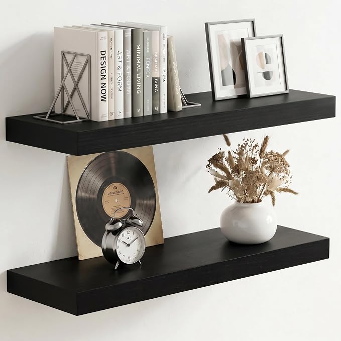 fuqing 20 Inch Floating Shelves | 6.7 Inch Deep Black Shelves for Wall Set of 2 | 20''W x 6.7''D x 1.4''H Black Wood Shelves for Living Room Bathroom Bedroom Kitchen Home Office