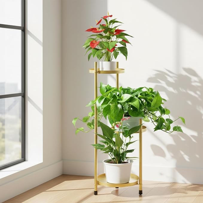 3 Tier Plant Stand Indoor Tall, Black Corner Tiered Round Plant Stand for Indoor Multiple Plants, Metal Flower Pot Stands Outdoor Holders Plant Shelf Display Rack for Balcony Living Room (3 Tier-Golden)