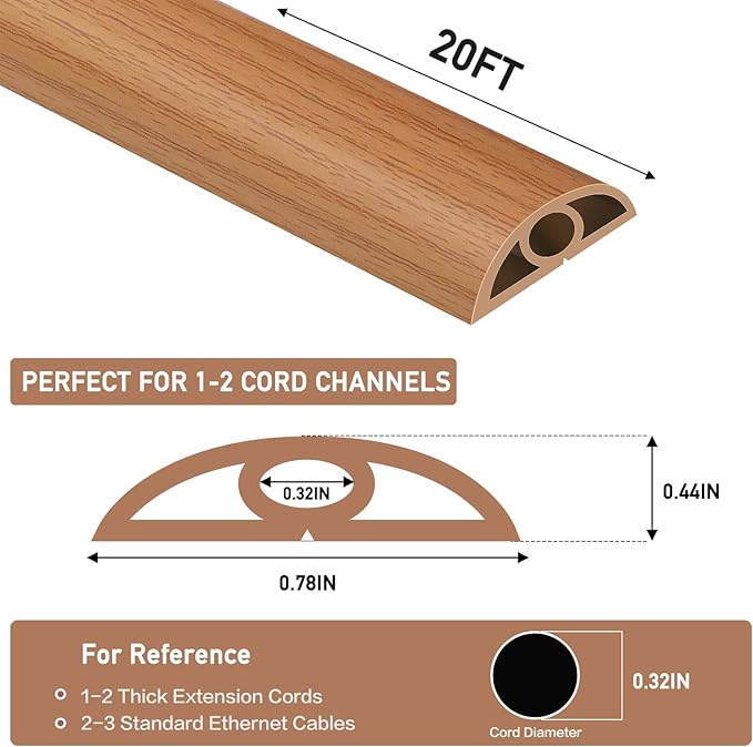 Floor Cord Cover Self Adhesive Cord Hider Floor Extension Cord Covers for Floor Power Cord Protector Cable Management Prevent Cable Trips Cable Cavity 0.32" W x 0.32" H (Light Brown Wood, 20Ft)