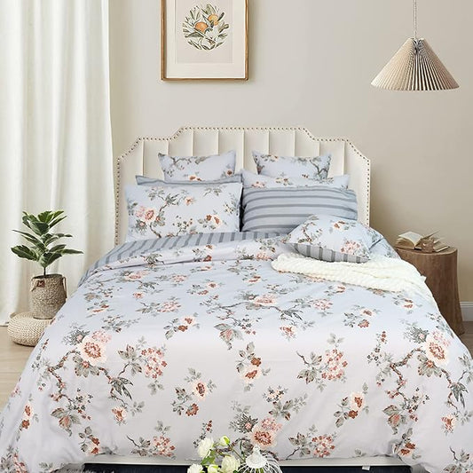 FADFAY Duvet Cover Set Full Elegant Floral Bedding Shabby Grey Bird Print Flower Quilt Cover Set Vintage Farmhouse Bedding 100% Cotton Soft Comforter Cover Set with Zipper Closure 3Pcs, Full Size