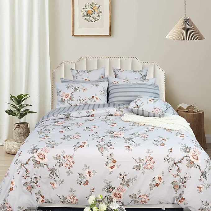FADFAY Duvet Cover Set Elegant Floral Bedding Shabby Grey Bird Flower Quilt Cover Set Vintage Farmhouse Bedding 100% Cotton Comforter Cover Set with Zipper Closure 3Pcs, King/California King Size