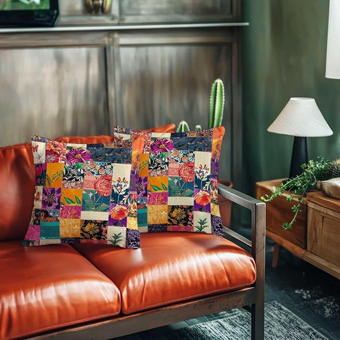 Printed Faux Patchwork Throw Pillow Covers 18x18 Set of 2 | Rustic Kantha Cushion Cases with Hidden Zipper | Floral Decorative Pillowcases for Couch, Sofa, Living Room and Bedroom