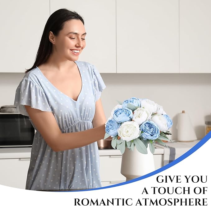 Zeyune 50Pcs Wedding Artificial Peonies 4 Inch Fake Silk Peony Faux Artificial Valentine Flower Bulk Rose Flower Head for Valentine Decoration Vintage Wedding Home Office(Blue and White)