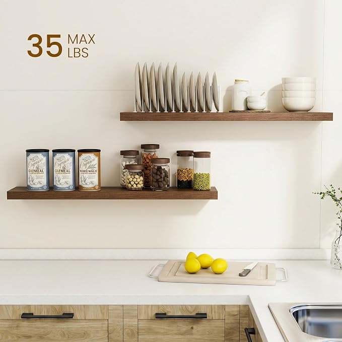 Dreamland 36Inch Floating Shelves for Wall, Rustic Wooden Walnut Floating Shelves for Bathroom|Bedroom|Kitchen, Deep Wall Mounted Book Shelf, Wood Storage Display Shelf for Home Decor, Set of 2