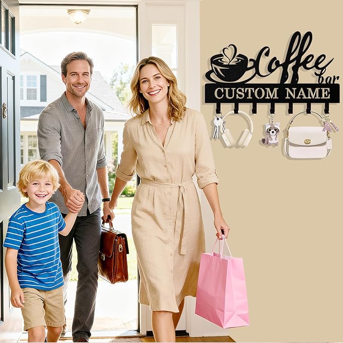 Syneiro Personalized Coffee Key Holder Wall Mount, Custom Metal Keys Holder for Wall with Name, Wall Home Key Hanger Rack with Hooks for Entryway, Front Door, Living Room, Kitchen, Bathroom, Garden