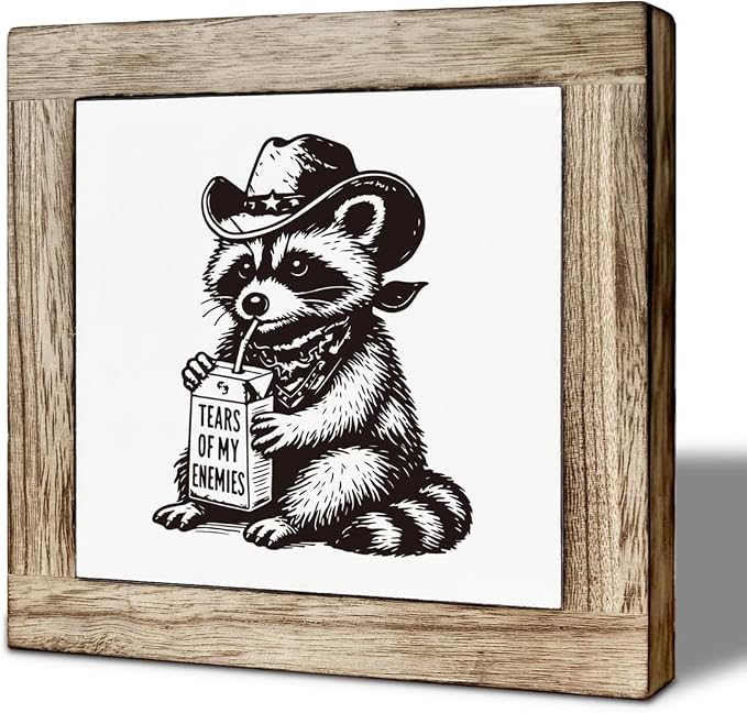 Funny Cowboy Raccoon Wooden Desktop Sign, “Tears of My Enemies” Trash Panda Wood Plaque Tabletop Decor, Western Animal Humor Decor for Home Office Shelf