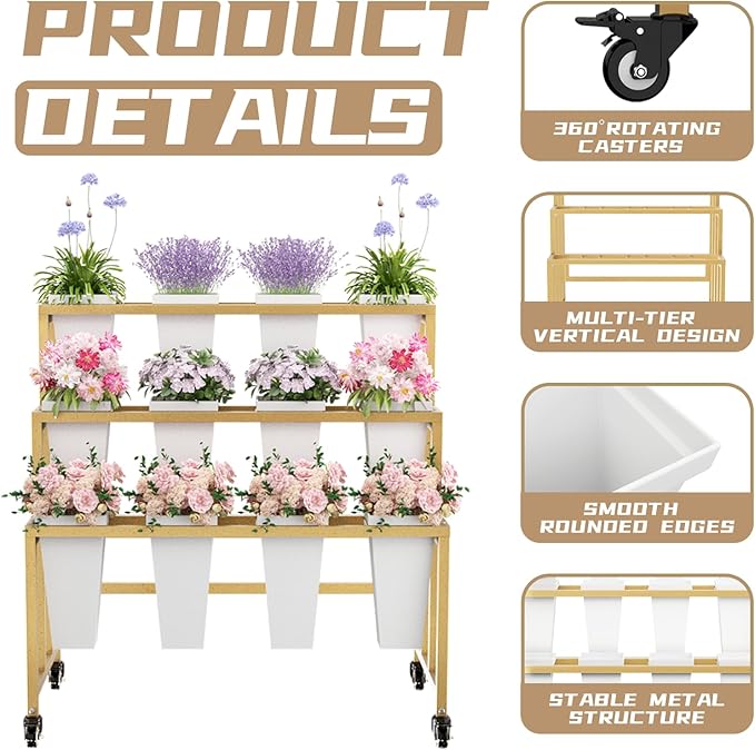 Flower Display Stand with 12 Buckets, 3 Layers Flower Bar, Gold Metal Plant Stand with Wheels, Heavy Duty Flower Cart for Indoor Outdoor Patio Garden Wedding Florist, Gold Metal Frame