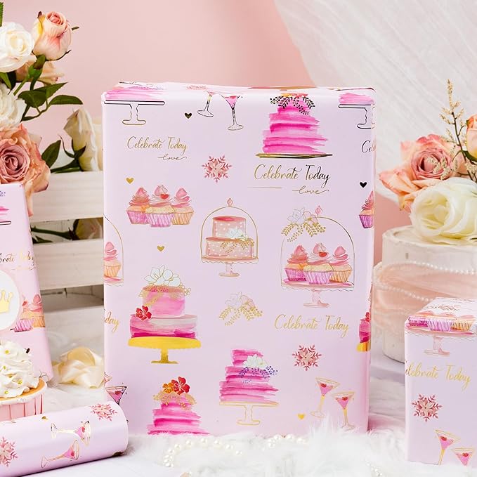 Merture Pink Wedding Wrapping Paper Roll - Foil Doodle Style Gift Wrap with Sweet Cake Pattern - 17 In X 32.8 Ft(46.5 sqft) for Wedding, Bridal Shower, Valentines Day, Girls Birthday Party