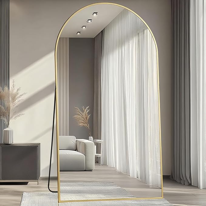 Dewfig Arched Full Length Mirror, 78"x38" Large Floor Mirror with Stand, Oversized Full Body Mirrors for Standing/Leaning/Hanging, Wall Mounted Mirrors for Bedroom, Living Room,Dressing Room, Gold