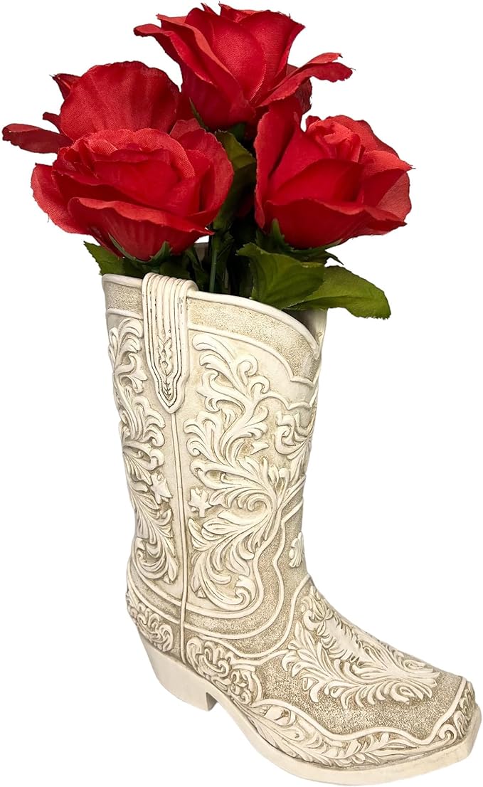 Cowgirl Boot Flower Vase – 9” Tall Antique White Finish with Intricate Tooled Leather Detailing - Decorative Western Cowboy Modern Rustic Decor