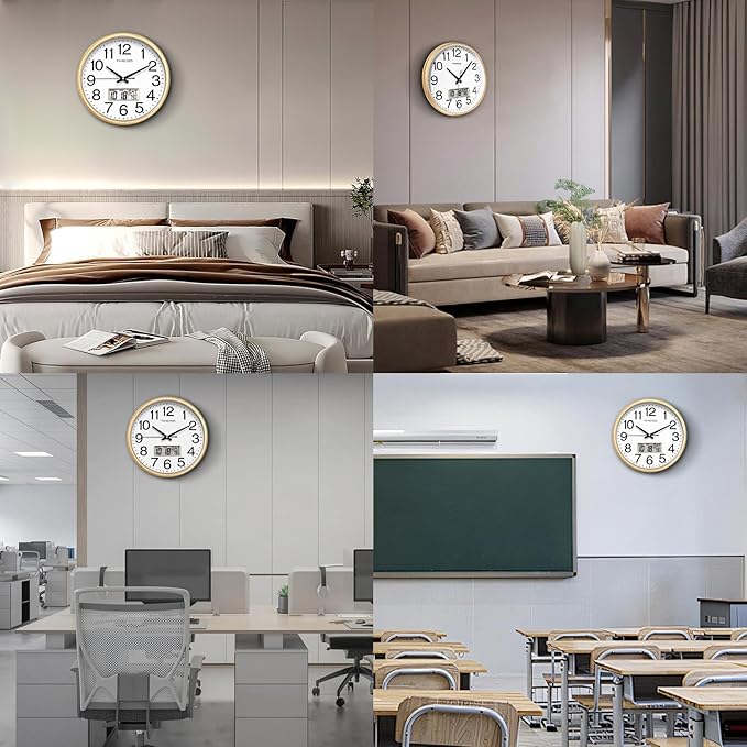 TIMESS Wall Clock, 16 Inch Non-Ticking Silent Battery Operated Quartz Analog with LCD Display for Perpetual Calendar and F° Temperature, Ideal Modern Home, Bedroom, Kitchen, Office Décor (Gold)