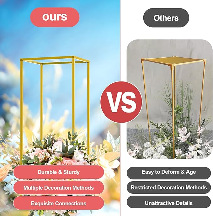 10Pcs Gold Wedding Flower Stands, Metal Column Flower Holder Gold Flower Centerpieces Stands Wedding Metal Centerpieces Rectangular Vase for Wedding Decorations Party Event (10Pcs 23.62in)