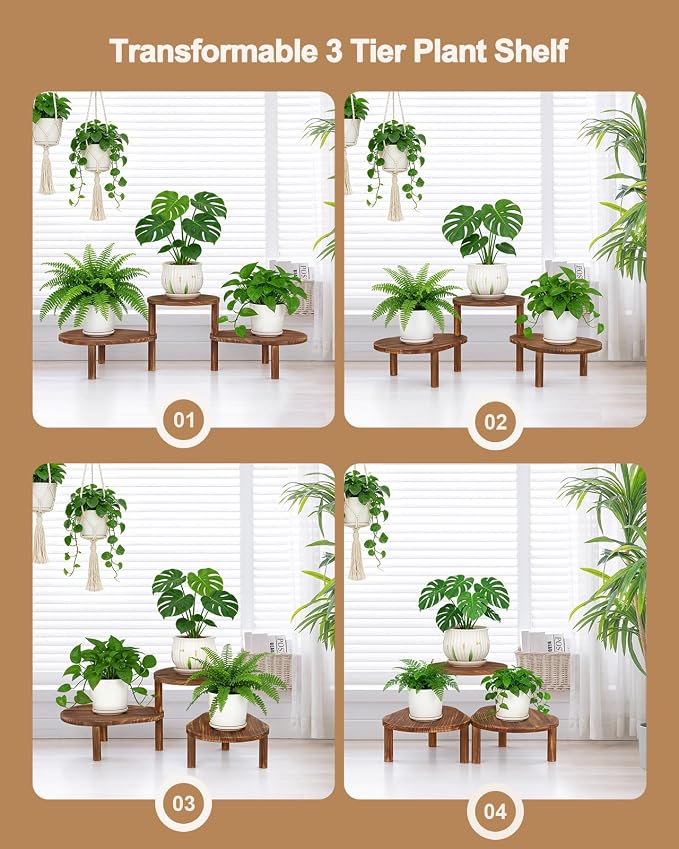 Convex Corner Plant Stand Indoor Outdoor, Wood Adjustable Plant Shelf, Long Flower Stand for Small Apartment Living Room Balcony, Carbonized Color