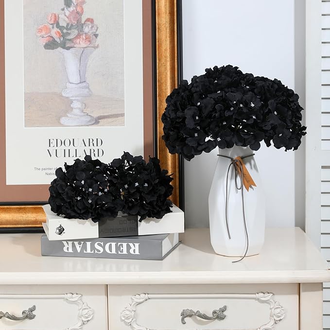 Fake Black Hydrangea Artificial Flowers - Faux Silk Hydrangeas Flowers Heads with Stems Real Touch for Home Wedding Party Table Decor(Black,Black of 10)