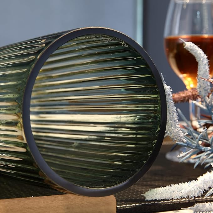 Large Cylinder Ribbed Green Glass Flower Vase for Farmhouse Dining Table Centerpieces Decor