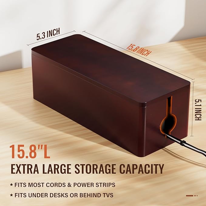 Cinati Large Cable Management Box, 15.8" Wooden Cable Organizer for Floor Wires Storage, Wall Mount Cord Hider Box for Electrical Cord Management, Power Strip Wire Organization for Desktop Home Office