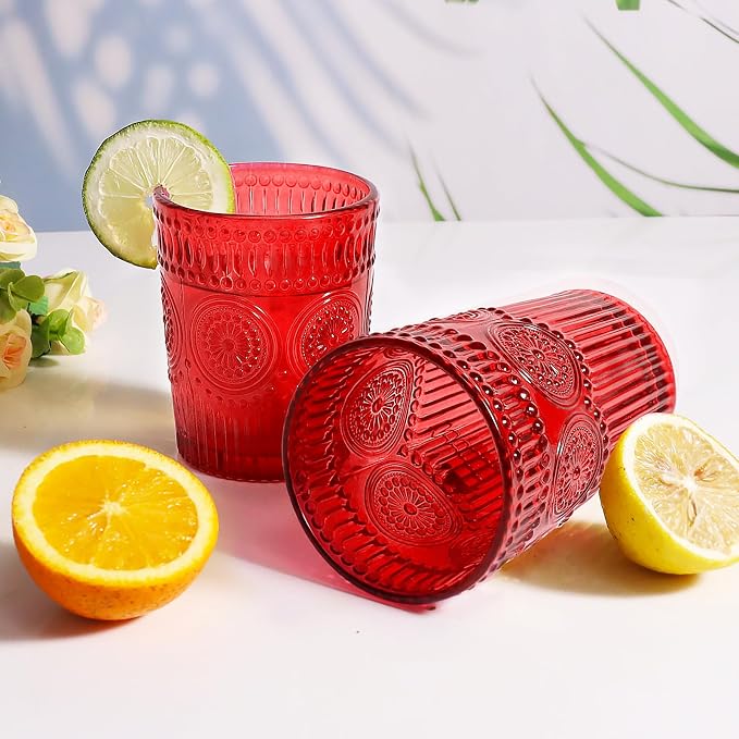 Loivttvv 12pcs Vintage Drinking Glasses Set, 12 oz Highball Glasses & 9 oz Embossed Ribbed Glassware Cups for Cocktail, Water, Juice, Coffee, Whiskey (Christmas Red)