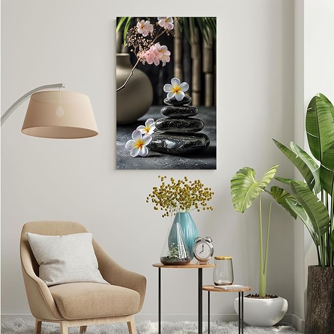 A harmonious black stone stack paired with white and pink flowers bamboo and ceramic vases creates a tranquil Zen decor for minimalist homes and mindful spaces 28x40in Frameless