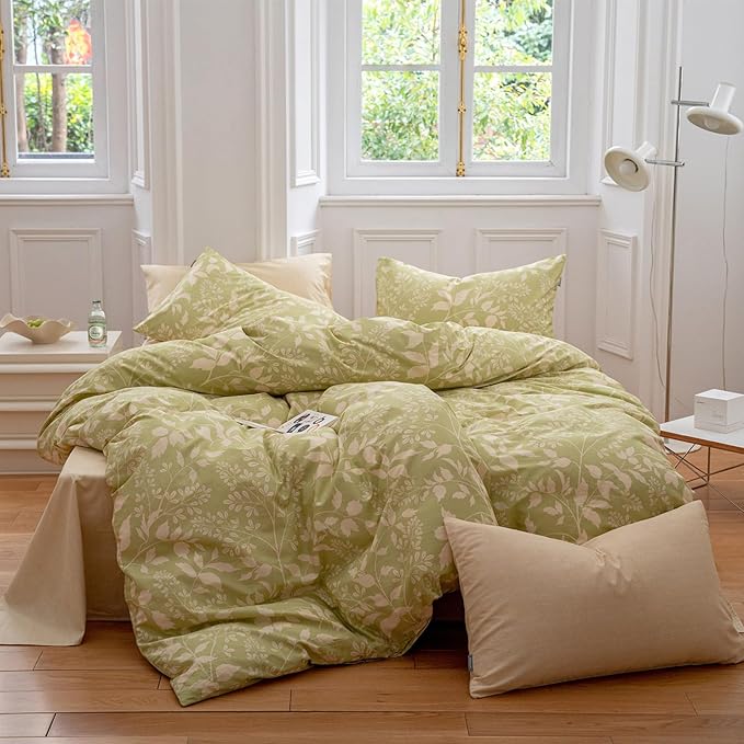 EAVD Garden Style Duvet Cover King Soft 100% Cotton Chic Shabby Botanical Pattern Print Sage Green Bedding Set with 2 Pillowcases Fresh Floral Comforter Cover Set